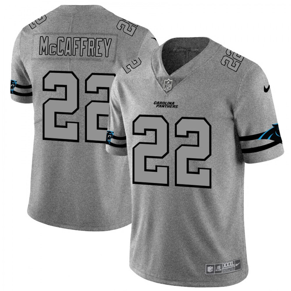 Men's Carolina Panthers #22 Christian McCaffrey 2019 Gray Gridiron Team Logo Limited Stitched NFL Jersey 