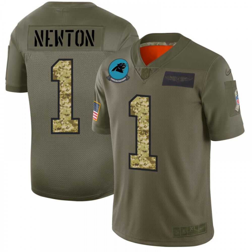 Men's Carolina Panthers #1 Cam Newton 2019 Olive/Camo Salute To Service Limited Stitched NFL Jersey 