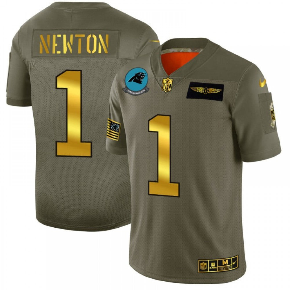 Men's Carolina Panthers #1 Cam Newton 2019 Olive/Gold Salute To Service Limited Stitched NFL Jersey 