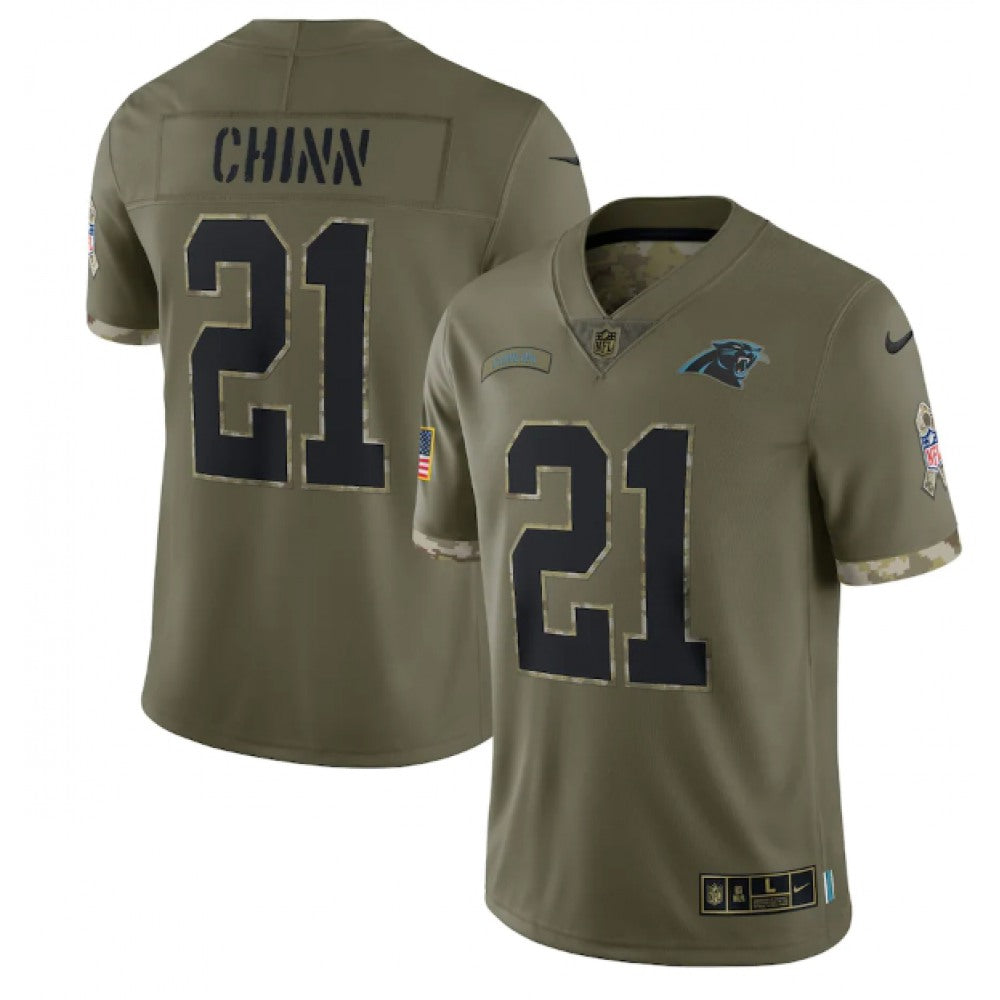 Men's Carolina Panthers #21 Jeremy Chinn Olive 2022 Salute To Service Limited Stitched Jersey 