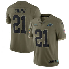 Men's Carolina Panthers #21 Jeremy Chinn Olive 2022 Salute To Service Limited Stitched Jersey 