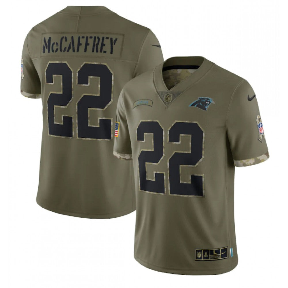 Men's Carolina Panthers #22 Christian McCaffrey Olive 2022 Salute To Service Limited Stitched Jersey 