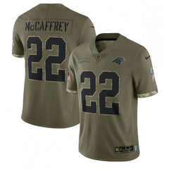 Men's Carolina Panthers #22 Christian McCaffrey Olive 2022 Salute To Service Limited Stitched Jersey 