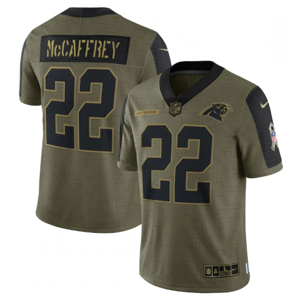 Men's Carolina Panthers #22 Christian McCaffrey 2021 Olive Salute To Service Limited Stitched Jersey 