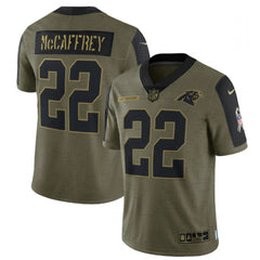 Men's Carolina Panthers #22 Christian McCaffrey 2021 Olive Salute To Service Limited Stitched Jersey 