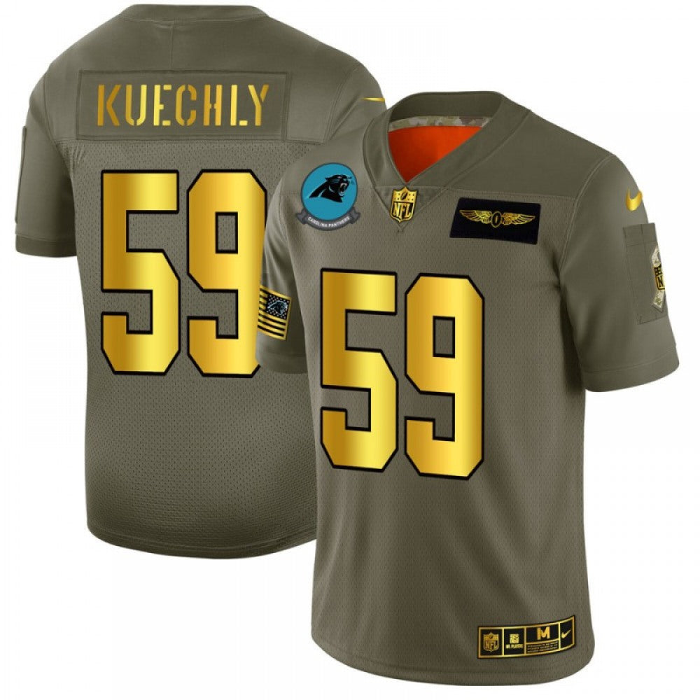 Men's Carolina Panthers #59 Luke Kuechly 2019 Olive/Gold Salute To Service Limited Stitched NFL Jersey 