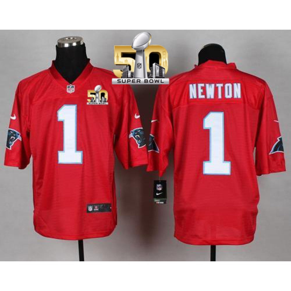 Panthers #1 Cam Newton Red Super Bowl 50 Men's Stitched NFL Elite QB Practice Jersey 