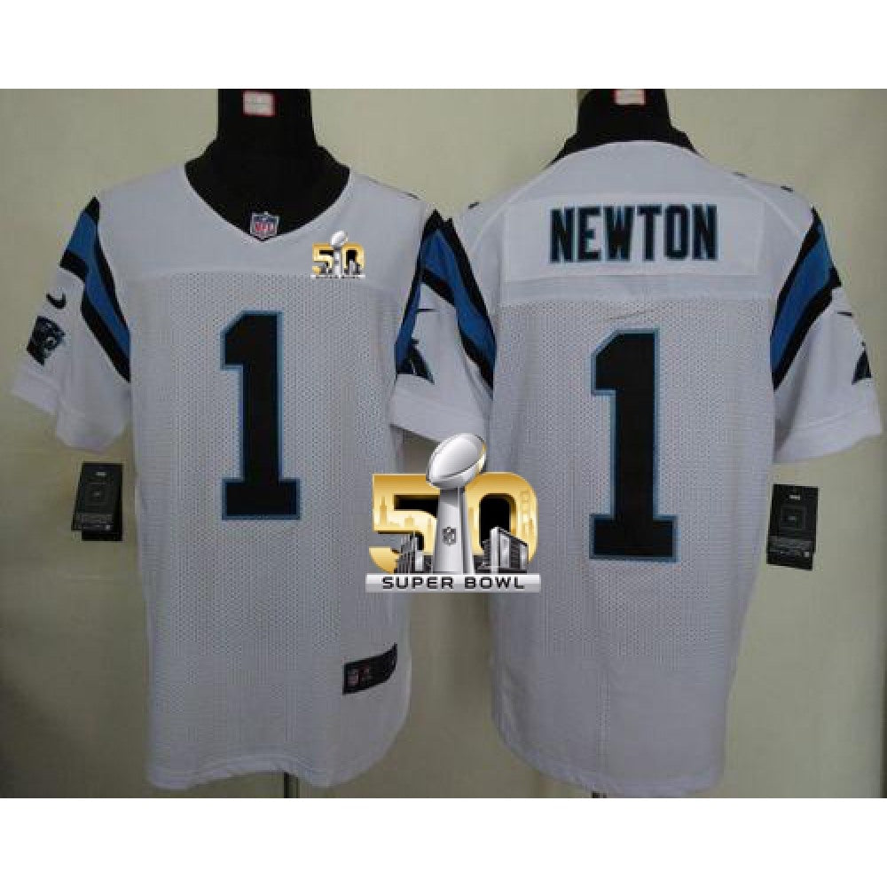 Panthers #1 Cam Newton White Super Bowl 50 Men's Stitched NFL Elite Jersey 