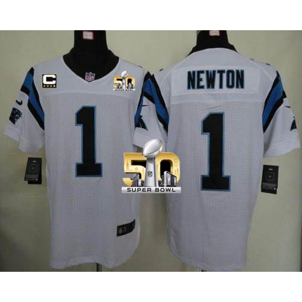 Panthers #1 Cam Newton White With C Patch Super Bowl 50 Men's Stitched NFL Elite Jersey 