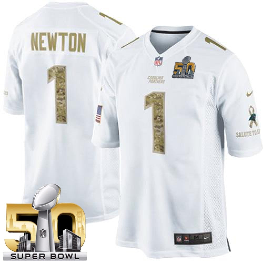 Panthers #1 Cam Newton White Super Bowl 50 Men's Stitched NFL Limited Salute to Service Jersey 