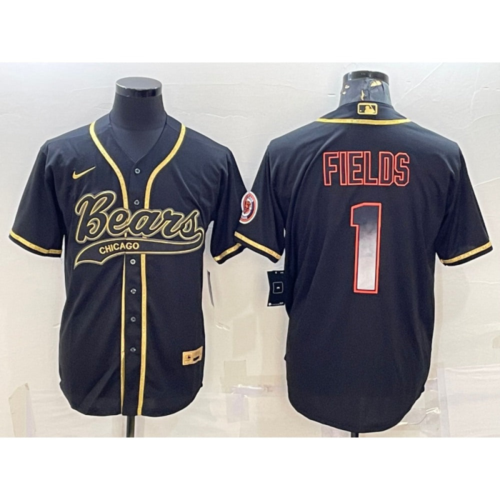 Men's Chicago Bears #1 Justin Fields Black Gold With Patch Cool Base Stitched Baseball Jersey 