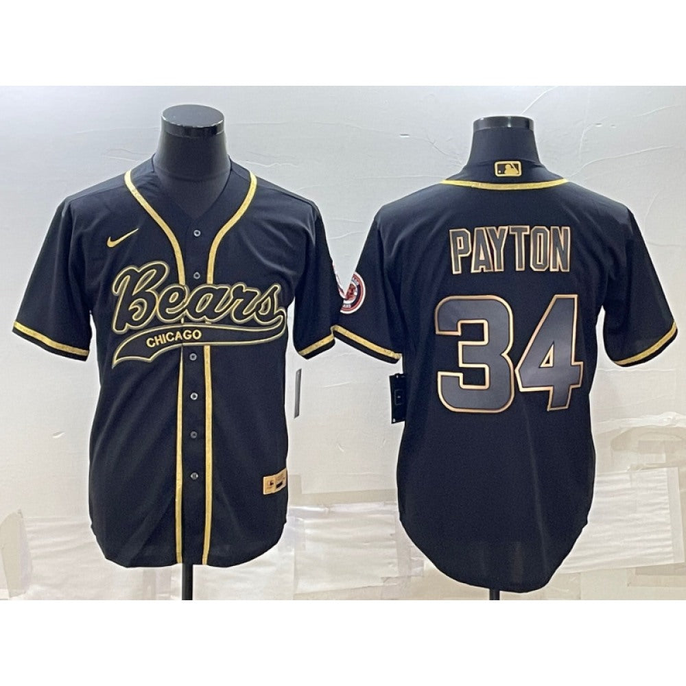 Men's Chicago Bears #34 Walter Payton Black Gold With Patch Cool Base Stitched Baseball Jersey 