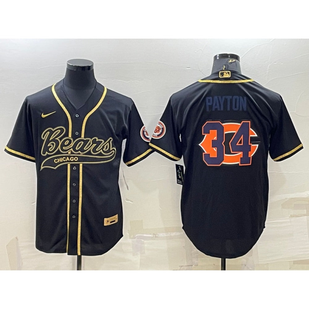 Men's Chicago Bears #34 Walter Payton Black Gold Team Big Logo With Patch Cool Base Stitched Baseball Jersey 