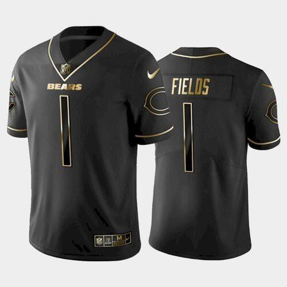 Men's Chicago Bears #1 Justin Fields Black golden edition Stitched Jersey 