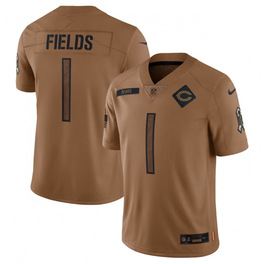 Men's Chicago Bears #1 Justin Fields 2023 Brown Salute To Service Limited Stitched Football Jersey 