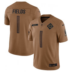 Men's Chicago Bears #1 Justin Fields 2023 Brown Salute To Service Limited Stitched Football Jersey 