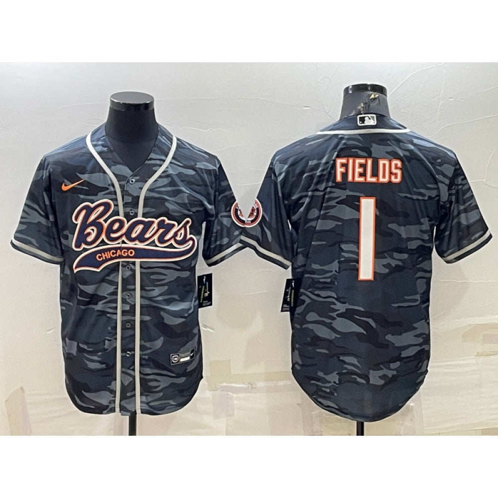 Men's Chicago Bears #1 Justin Fields Grey Camo With Patch Cool Base Stitched Baseball Jersey 001 