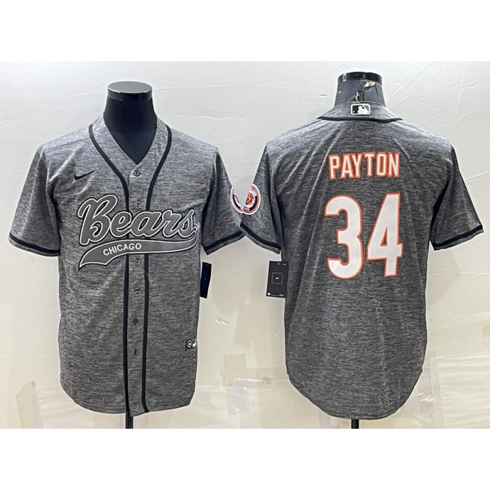 Men's Chicago Bears #34 Walter Payton Grey With Patch Cool Base Stitched Baseball Jersey 