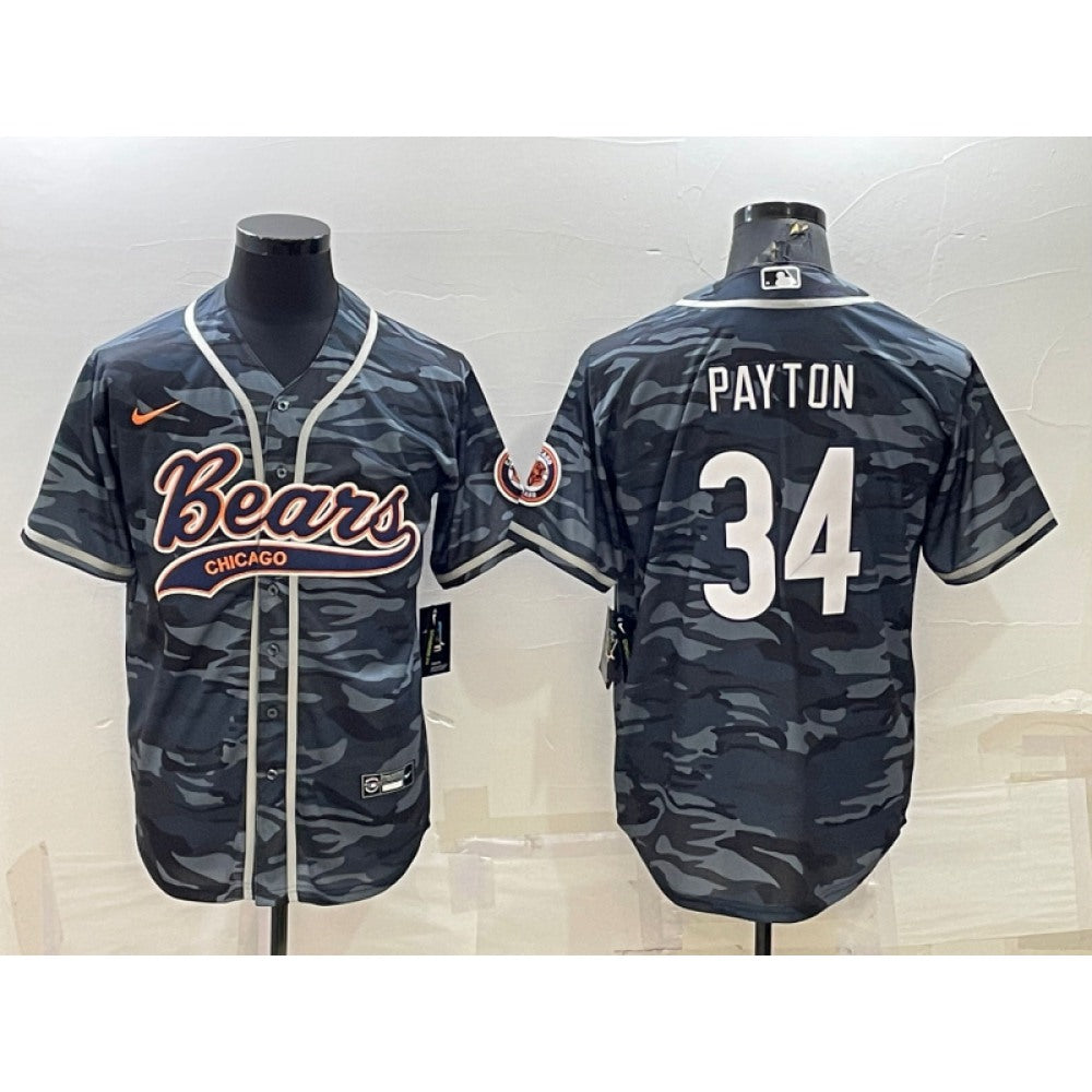 Men's Chicago Bears #34 Walter Payton Grey Camo With Patch Cool Base Stitched Baseball Jersey 002 