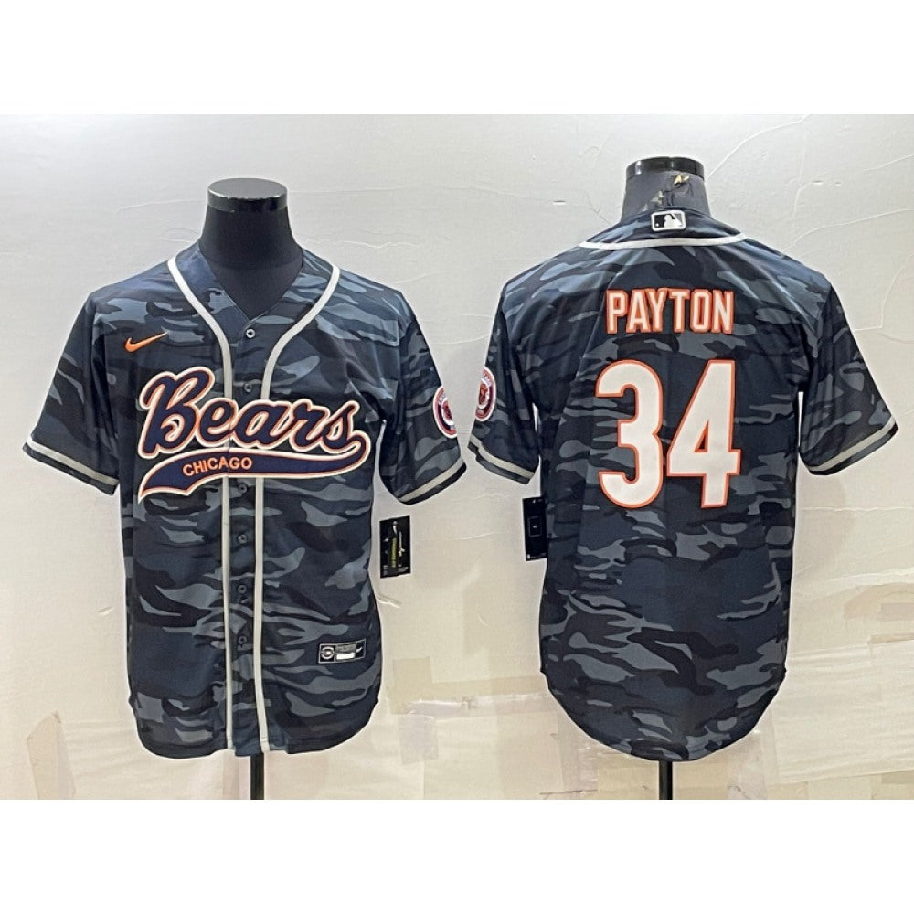 Men's Chicago Bears #34 Walter Payton Grey Camo With Patch Cool Base Stitched Baseball Jersey 001 