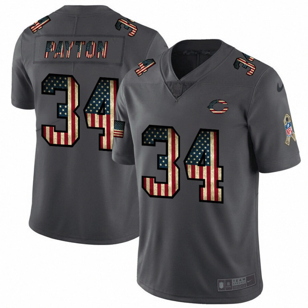 Men's Chicago Bears #34 Walter Payton Grey 2019 Salute To Service USA Flag Fashion Limited Stitched NFL Jersey 