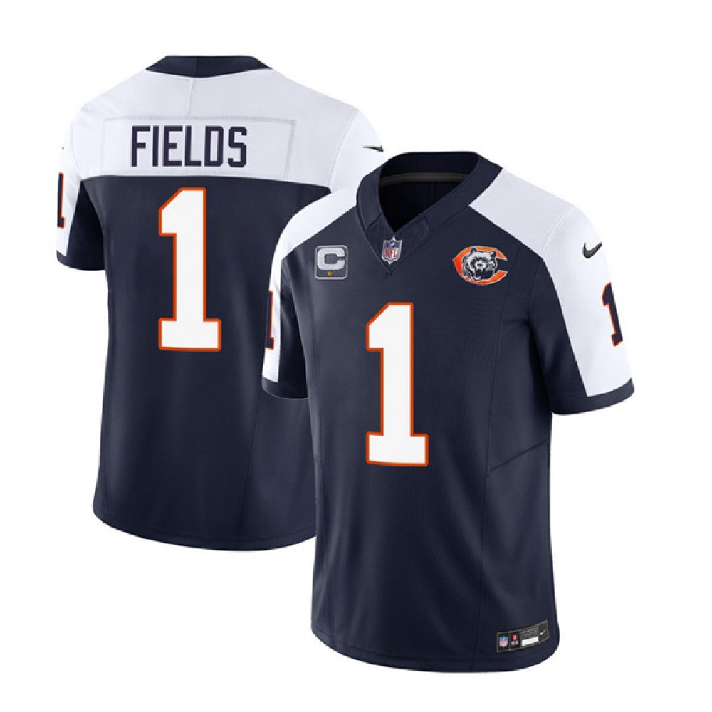 Men's Chicago Bears #1 Justin Fields Navy/White 2023 F.U.S.E. With 1-star C PatchThrowback Limited Stitched Football Jersey 