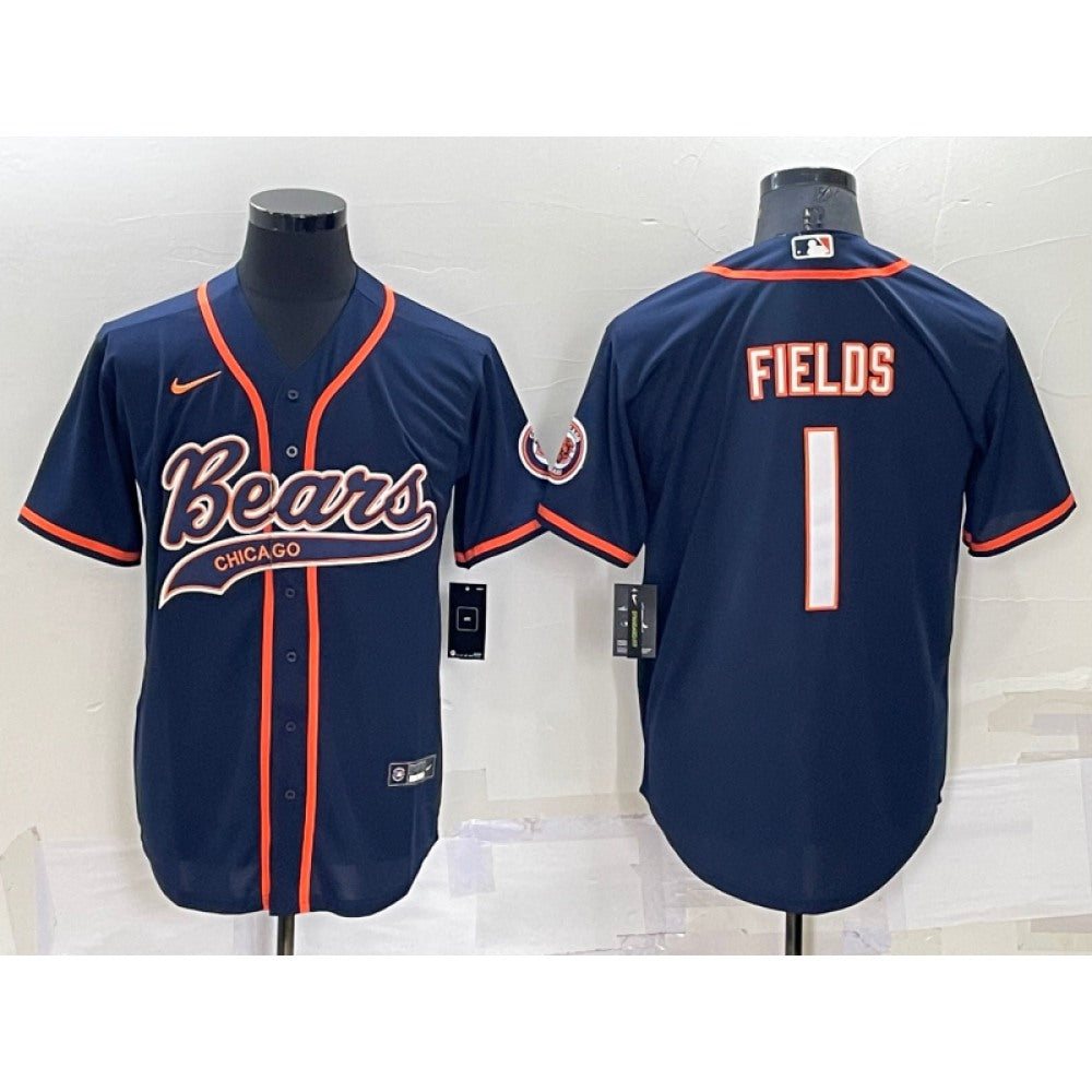 Men's Chicago Bears #1 Justin Fields Navy Cool Base Stitched Baseball Jersey 