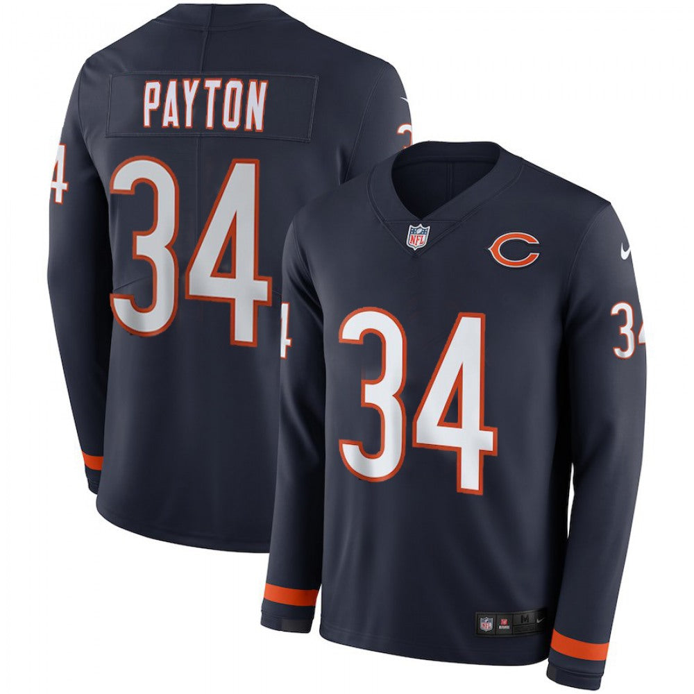 Men's Chicago Bears #34 Walter Payton Navy Therma Long Sleeve Stitched NFL Jersey 