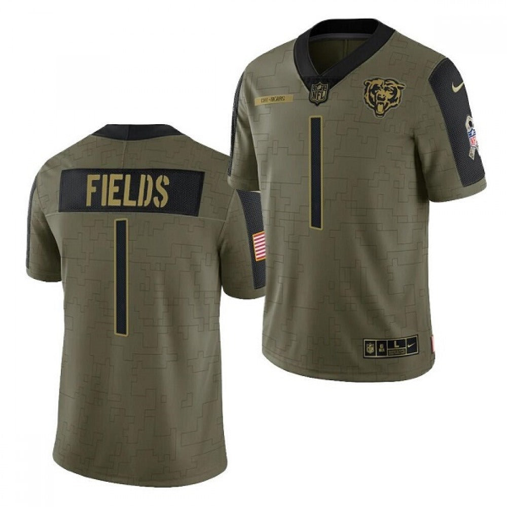 Men's Chicago Bears #1 Justin Fields 2021 Olive Salute To Service Limited Stitched Jersey 