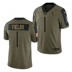 Men's Chicago Bears #1 Justin Fields 2021 Olive Salute To Service Limited Stitched Jersey 
