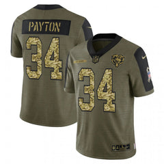 Men's Chicago Bears #34 Walter Payton 2021 Olive Camo Salute To Service Limited Stitched Jersey 