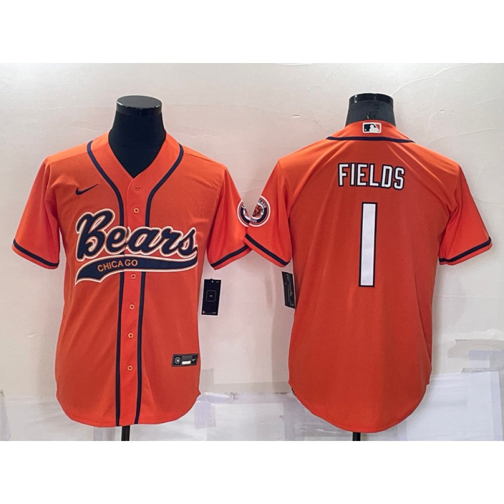Men's Chicago Bears #1 Justin Fields Orange Cool Base Stitched Baseball Jersey 