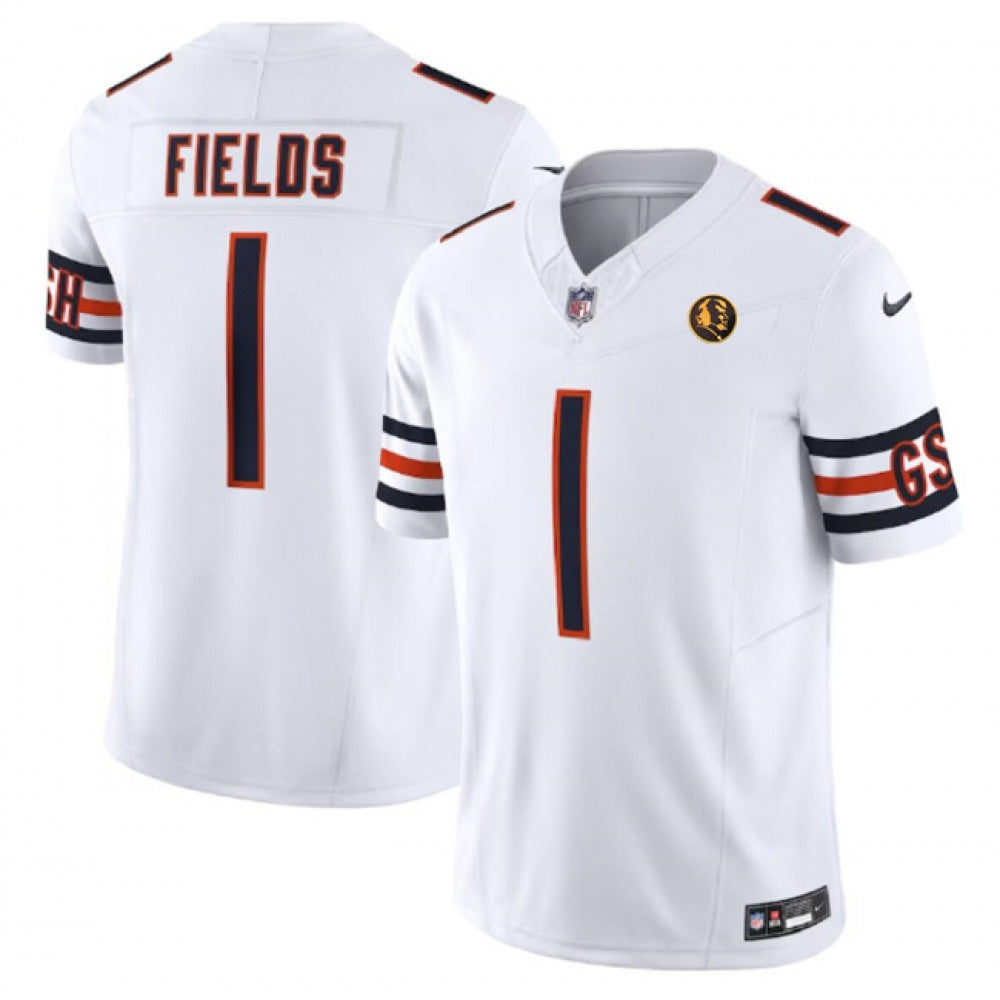 Men's Chicago Bears #1 Justin Fields White 2023 F.U.S.E. With John Madden Patch Vapor Limited Stitched Football Jersey 