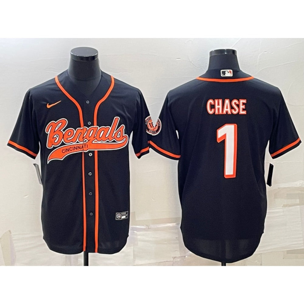 Men's Cincinnati Bengals #1 Ja'Marr Chase Black With Patch Cool Base Stitched Baseball Jersey 