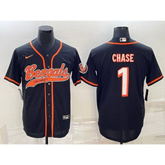 Men's Cincinnati Bengals #1 Ja'Marr Chase Black With Patch Cool Base Stitched Baseball Jersey 