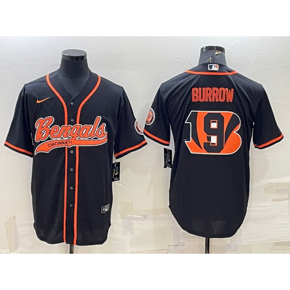 Men's Cincinnati Bengals #9 Joe Burrow Black Team Big Logo With Patch Cool Base Stitched Baseball Jersey 