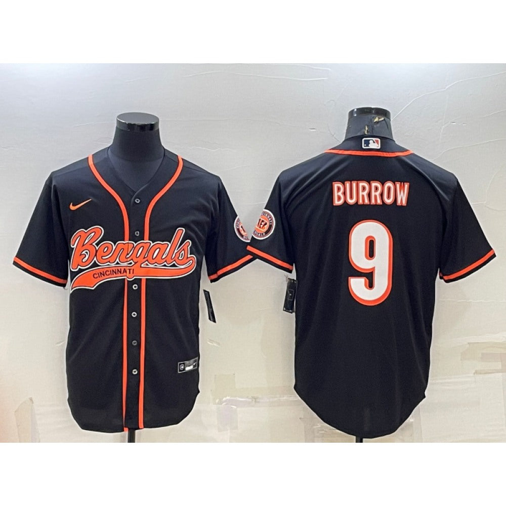 Men's Cincinnati Bengals #9 Joe Burrow Black With Patch Cool Base Stitched Baseball Jersey 