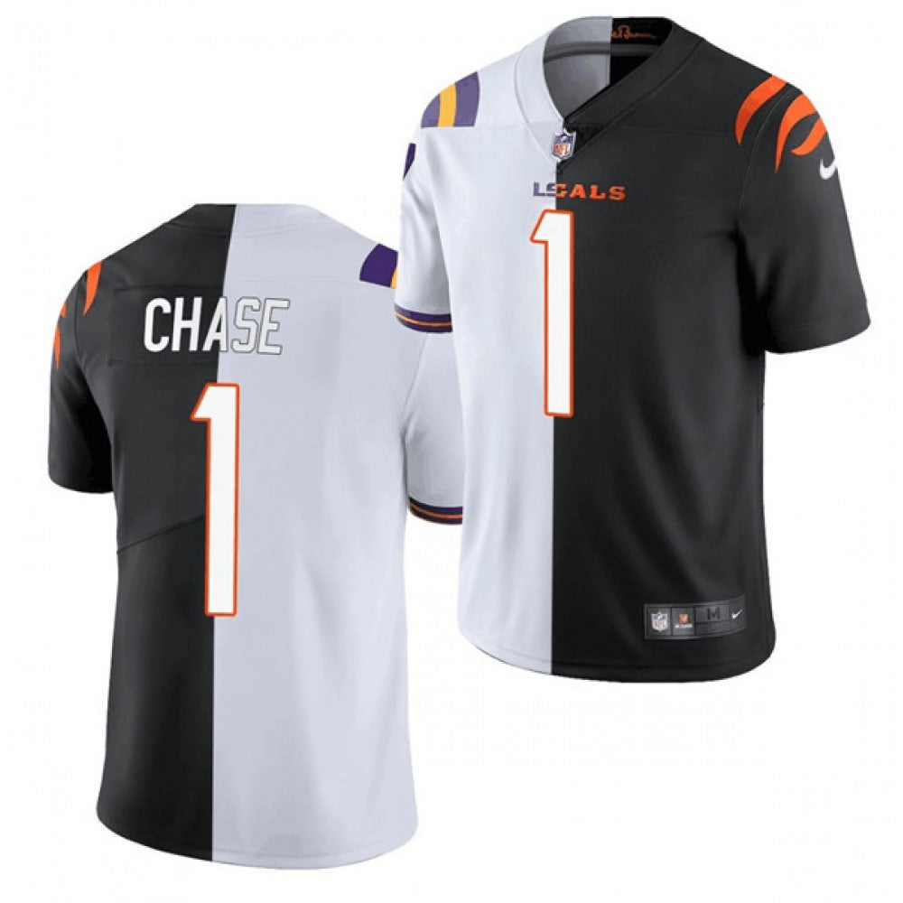 Men's Cincinnati Bengals #1 Ja'Marr Chase 2021 Black/White Split Stitched NFL Jersey 