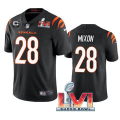Men's Cincinnati Bengals #28 Joe Mixon 2022 Black With C Patch Super Bowl LVI Vapor Limited Stitched Jersey 