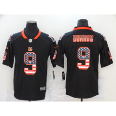 Men's Cincinnati Bengals #9 Joe Burrow Black USA Flag Fashion Limited Stitched Jersey 