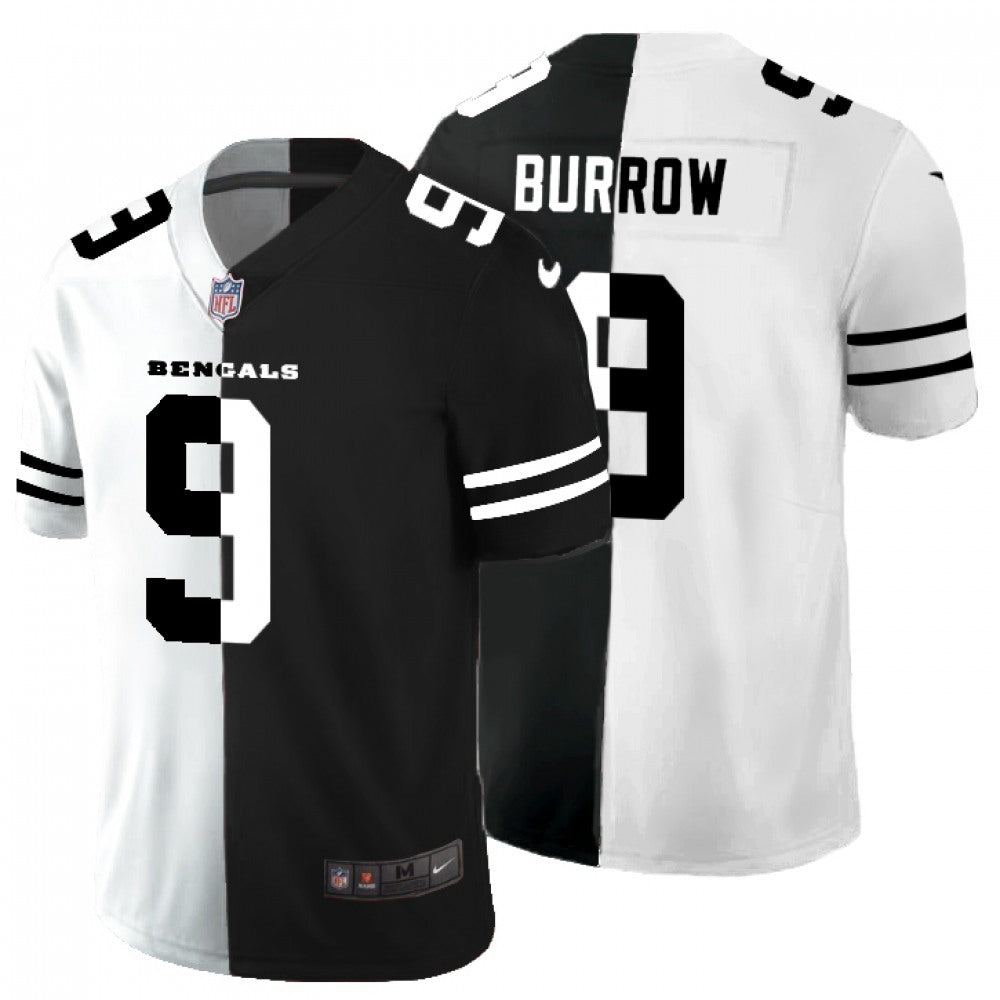 Men's Cincinnati Bengals #9 Joe Burrow Black & White Split Limited Stitched Jersey 
