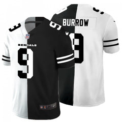 Men's Cincinnati Bengals #9 Joe Burrow Black & White Split Limited Stitched Jersey 