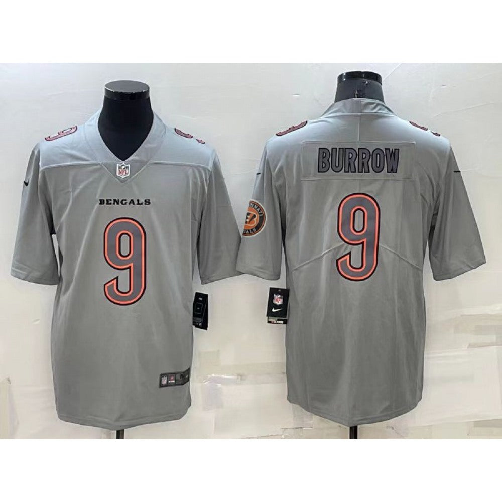 Men's Cincinnati Bengals #9 Joe Burrow Gray With Patch Atmosphere Fashion Stitched Jersey 