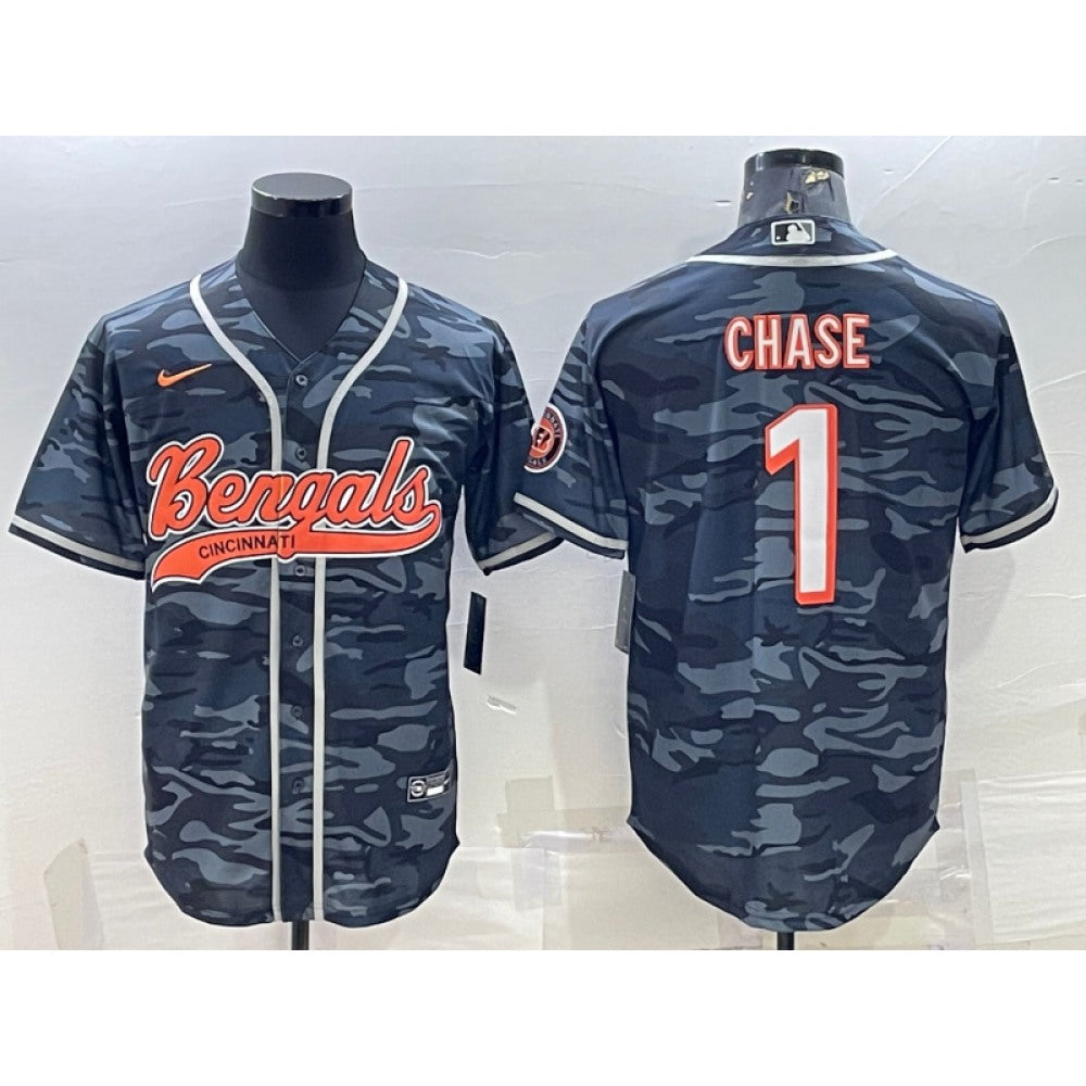 Men's Cincinnati Bengals #1 Ja'Marr Chase Grey Camo With Patch Cool Base Stitched Baseball Jersey 