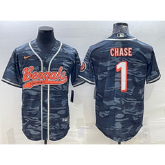 Men's Cincinnati Bengals #1 Ja'Marr Chase Grey Camo With Patch Cool Base Stitched Baseball Jersey 