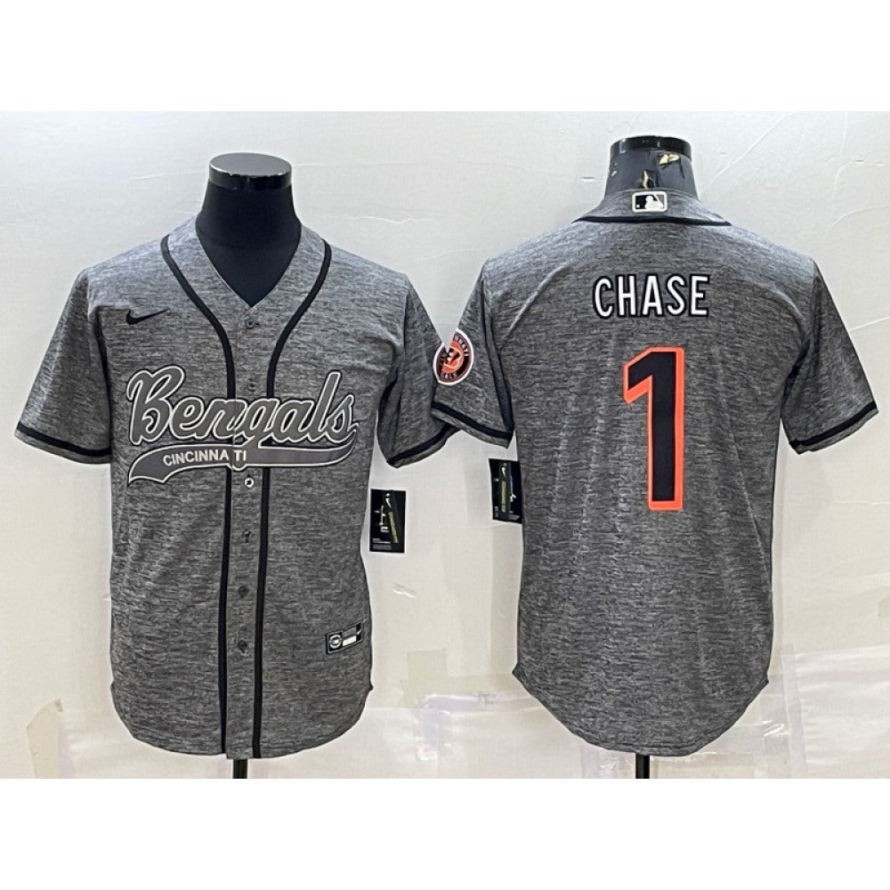 Men's Cincinnati Bengals #1 Ja'Marr Chase Grey With Patch Cool Base Stitched Baseball Jersey 