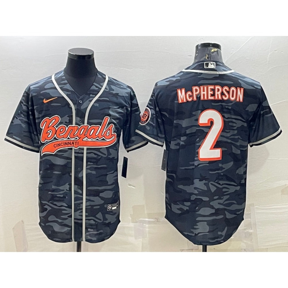 Men's Cincinnati Bengals #2 Evan McPherson Grey Camo With Patch Cool Base Stitched Baseball Jersey 