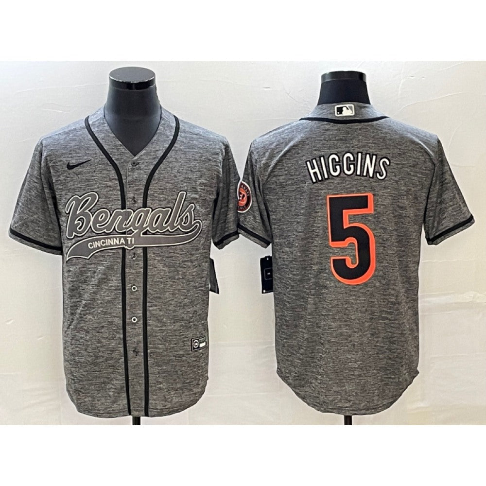 Men's Cincinnati Bengals #5 Tee Higgins Grey With Patch Cool Base Stitched Baseball Jersey 