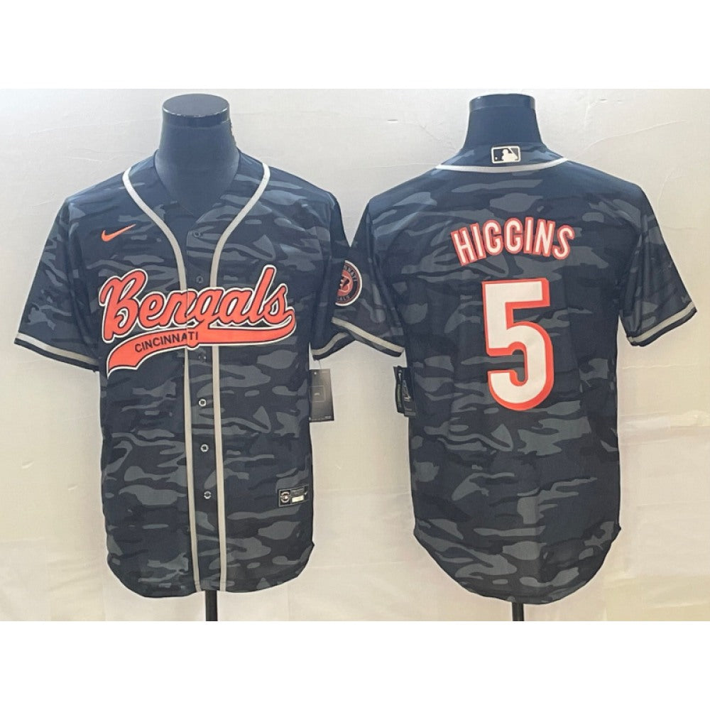 Men's Cincinnati Bengals #5 Tee Higgins Grey Camo With Patch Cool Base Stitched Baseball Jersey 