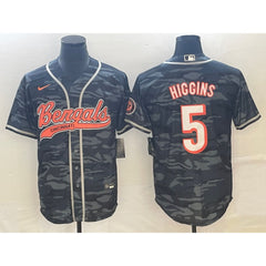 Men's Cincinnati Bengals #5 Tee Higgins Grey Camo With Patch Cool Base Stitched Baseball Jersey 